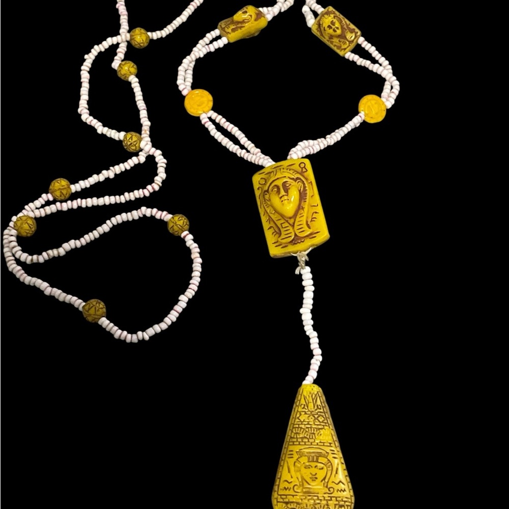 Antique NEIGER BROS Czech Glass Yellow White Egyptian Revival 1920's Necklace - Picture 4 of 11
